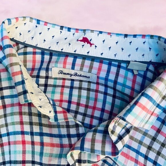 Tommy Bahama long sleeve linen blend button down colorful checkered shirt XL - Picture 3 of 4